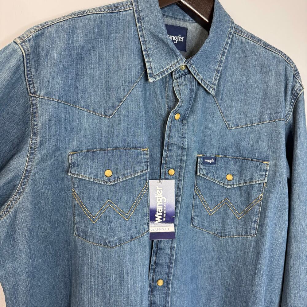 Wrangler Men's Classic Denim Western Snap Denim Shirt Mid Wash Rodeo Rancho XL - Picture 8 of 14